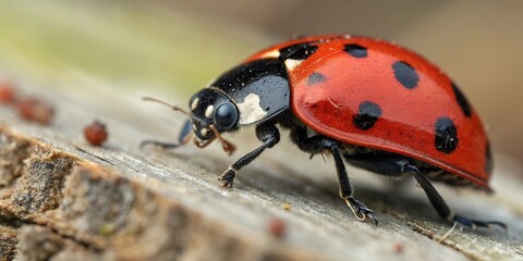Red ladybug insect on a green leaf in nature
