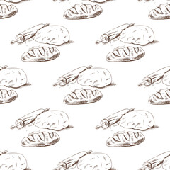 Hand drawn vintage seamless pattern of bread loaf with dough and rolling pin in engraving sketch style