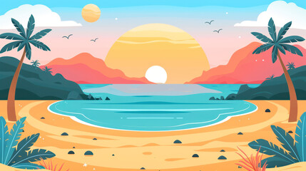 Fototapeta premium Serene Tropical Beach Sunset with Colorful Sky, Lush Palm Trees, and Calm Ocean Waves for Peaceful Vacation Inspiration