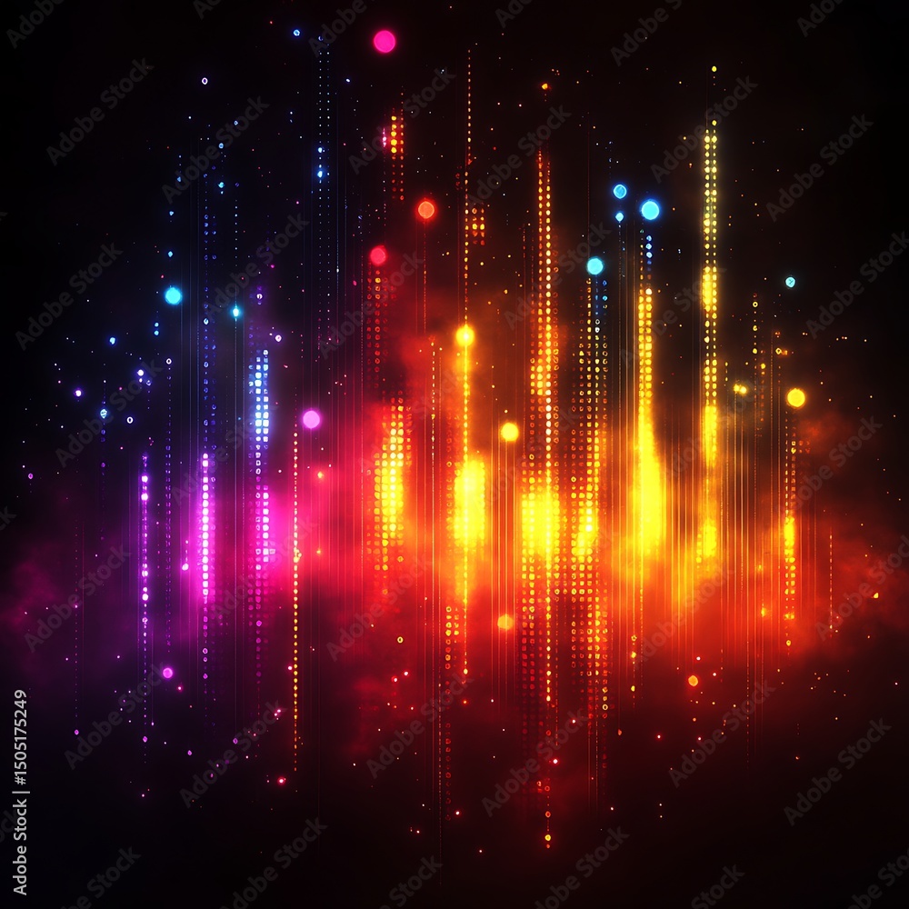 Poster abstract digital artwork with vibrant colorful glowing lights and artistic dot patterns high resolut