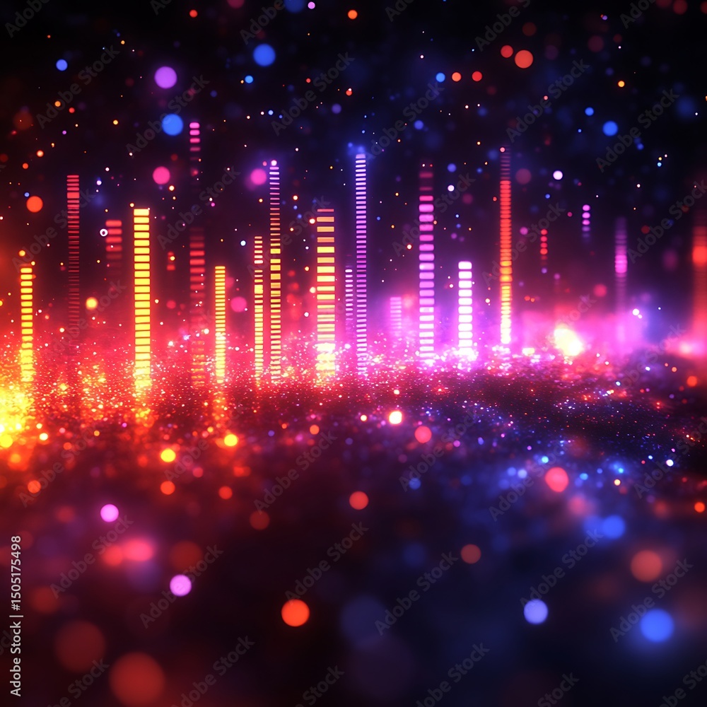 Poster abstract digital audio waveform visualization with vibrant glowing lights and high resolution image
