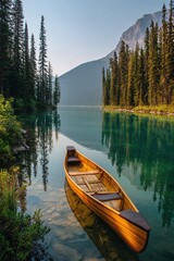 Obraz premium Serene canoe on tranquil lake surrounded by towering pine trees and majestic mountains at dawn