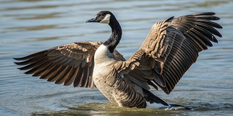 A majestic Canada Goose, Branta canadensis, in flight or swimming on the water