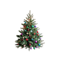 Obraz premium Decorated Christmas Tree with Colorful Ornaments and Lights Isolated on Transparent Background