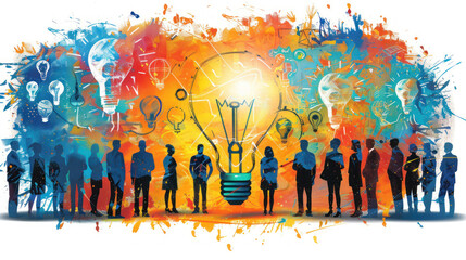 Colorful Abstract Illustration of People Silhouettes with Bright Light Bulbs Symbolizing Ideas and Innovation for Creative Concepts