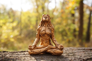 A Buddha figure on a background of autumn leaves. The female image.