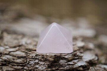 A small decorative pyramid on the bark of a tree.
