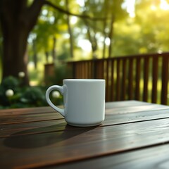 Coffee cup outdoors on table with green background blur