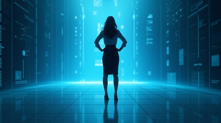 A Businesswoman Standing Front of Big Holographic Screen with  Futuristic Graphics.