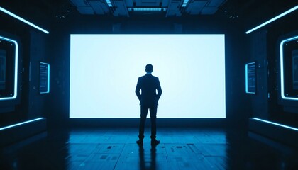 A Businessman Standing Front of Big Screen with  Futuristic Light.