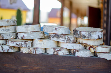 Wood slices, homemade coasters. Natural wooden decor.