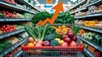 Shopping Cart Filled with Various Fresh Fruits and Vegetables, Symbolizing Healthy Eating and Growth