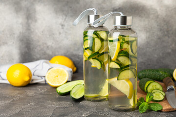 Cucumber water with lemon, lime and mint on a wooden table. Water infused with sliced...