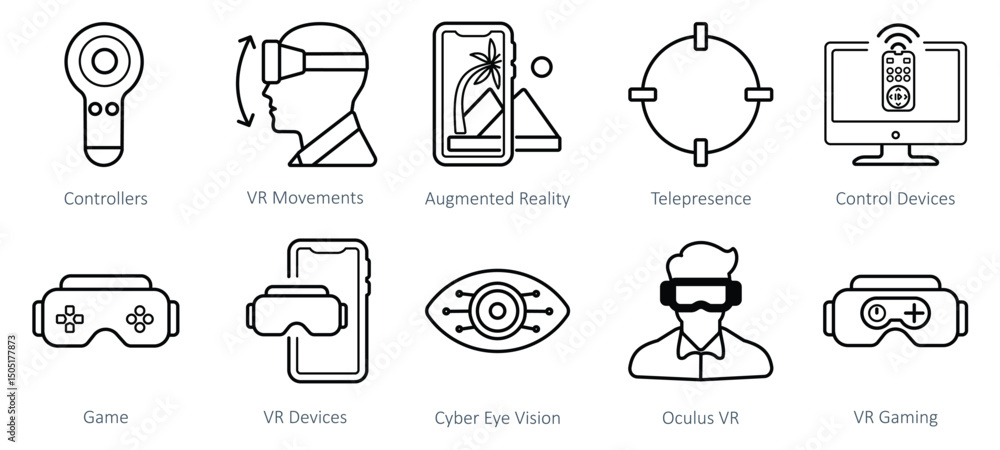 Poster virtual reality and augmented reality technology icons set in outline style