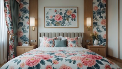 Cozy Bedroom with Floral Decor and a Harmonious Pastel Color Palette
