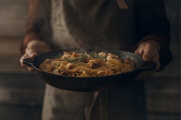 Homemade Pappardelle with Wild Mushrooms – Rustic Farmhouse Pasta in Cast Iron Pan for World Pasta Day (Perfect for Artisanal Food, Cooking Blogs & Gourmet Marketing)