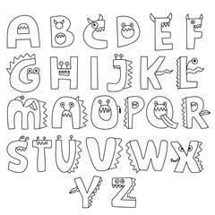 Set of handrawn cute Monster alphabet collection illustration design. 