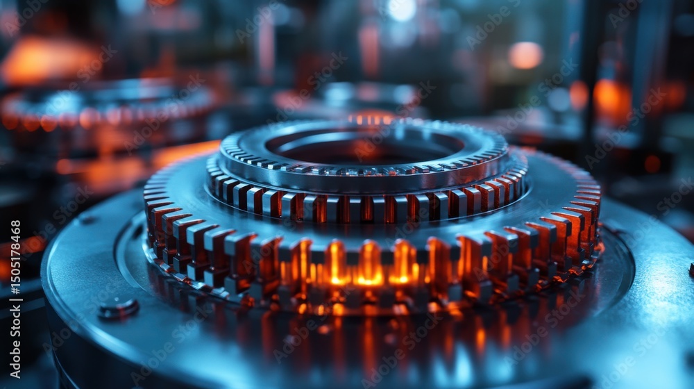 Poster complex machinery components in a dynamic industrial setting illuminated by glowing lights