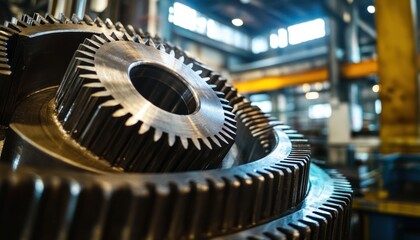 Massive steel gear in an industrial setting, symbolizing precision engineering and mechanical power.