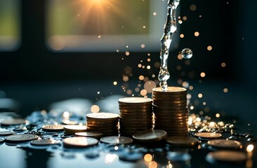 Concept of investment, finance and saving money, stack of coins, pile of money at dark background. water bills, utility bill taxes. energy crisis