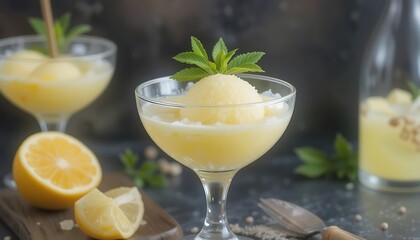 Refreshing Lemon Sorbet in Glass Coupe with Mint Garnish