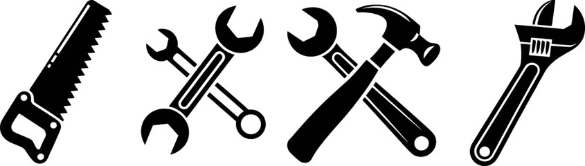 Black and white tool icons hammer wrench saw