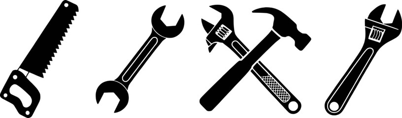 Black and white hand tools icon set