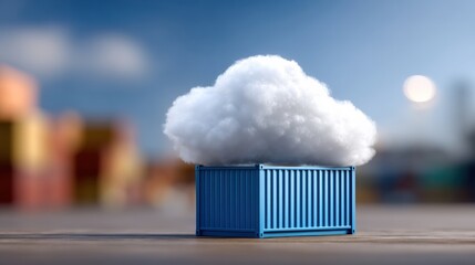 A cloud sits inside a metal shipping container against a blurred background.