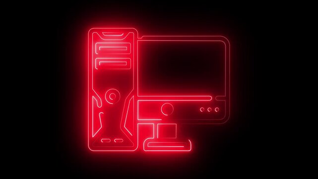 Animated neon computer icons with glowing effects on black background. blue color neon glowing desktop computer pc monitor icon animation with 4k