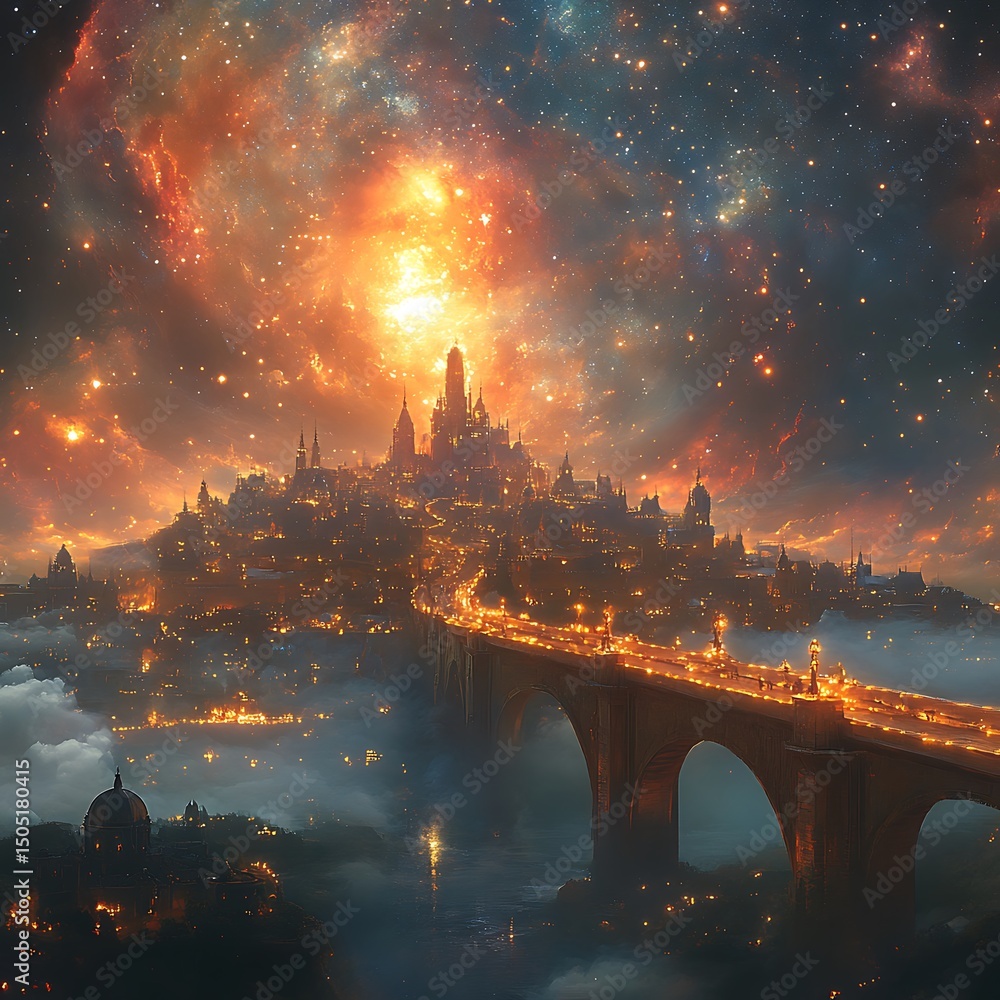 Poster an ethereal fantasy cityscape illuminated with a warm celestial glow a high resolution image