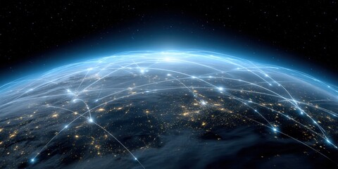 Obraz premium A digital representation of Earth with glowing connections depicting global connectivity.