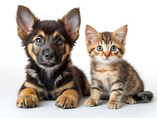 Obraz premium An adorable group of puppies, kittens, and other pets sitting together on a white background