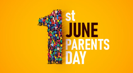 Happy parents day concept poster. Large group of people stands in the shape of the number 1. 1st of June.