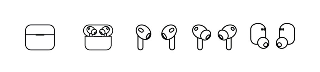 Wireless Earbuds Line Art Illustrations Case Single and Pair Views