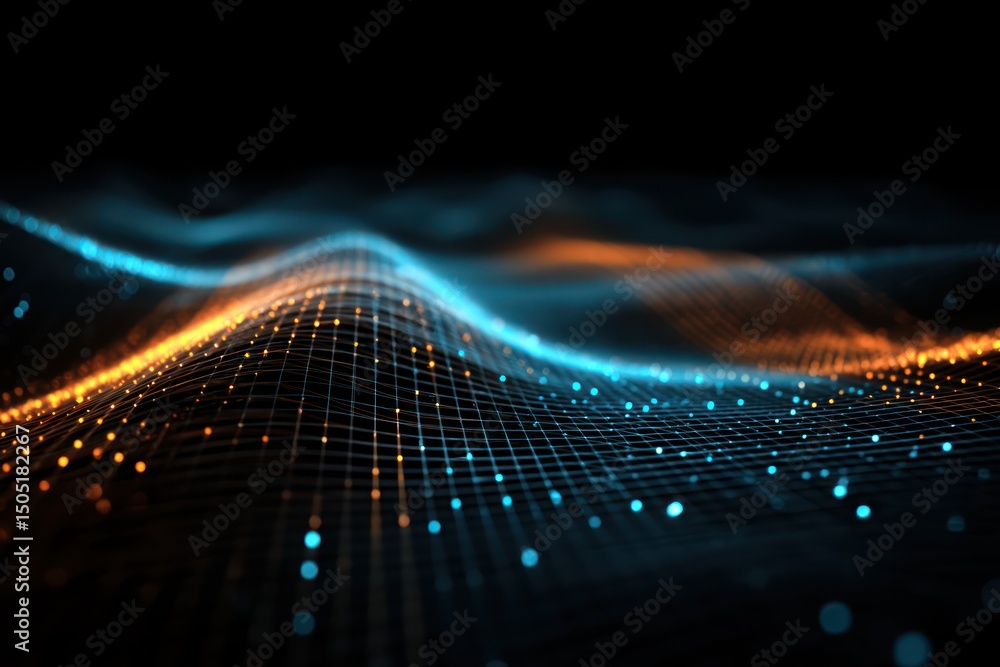 Poster pulsating grid pattern with blue and orange lights representing advanced technological networks.