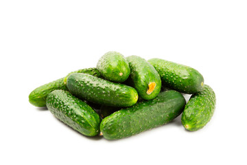 Cucumber isolated on white background. Slice of cucumber on white background. Fresh organic green cucumbers. Vegan. Ingredient for salad. Farm vegetables.