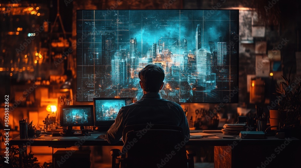 Poster cyberpunk cityscape: a lone programmer observes a futuristic city on a large monitor in a dimly lit 