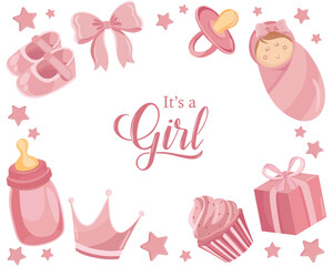 Its a girl pink background with baby cute elements Baby shower card