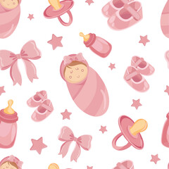 Cute pink baby girl pattern with new born flat illustrations Baby shower