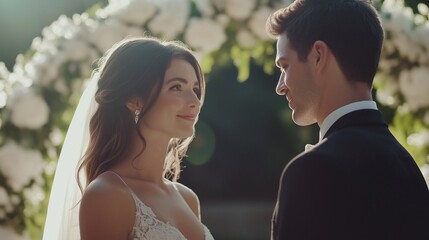 Bride and groom exchanging loving glances during their wedding ceremony, standing before a beautiful floral archway in an outdoor setting, creating a romantic and memorable moment of their marriage
