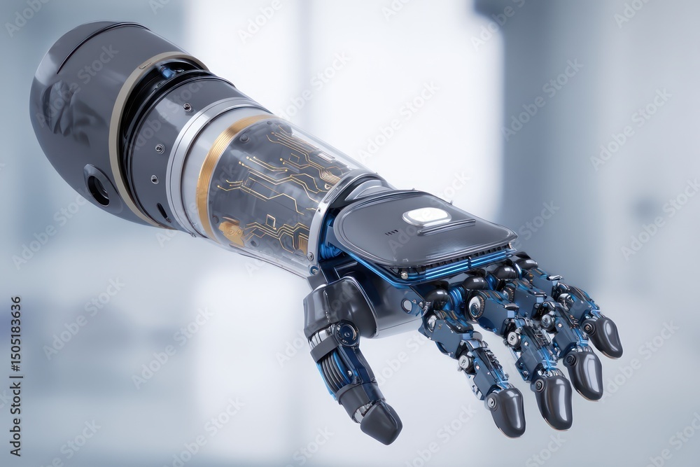 Poster advanced prosthetics with ai-enhanced features, offering improved mobility and independence for user