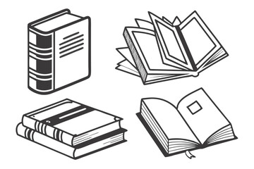 Book Icon Set – Black & White Minimalist Vector Icons of Open, Closed, and Stacked Books