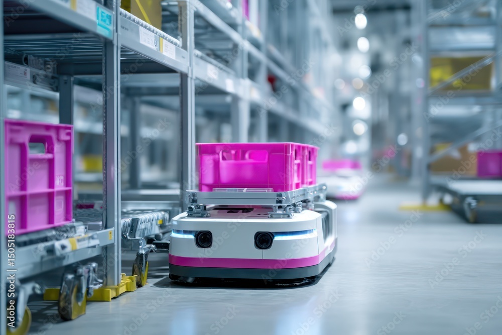 Poster warehouse automation powered by advanced robots, handling and organizing stock efficiently.