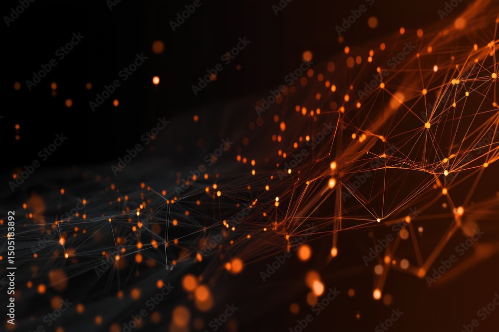 Poster digital art representing ai analysis with glowing dots and geometric shapes illustrating data flow.
