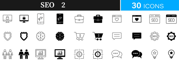 Seo icon set in lineal and fill art. Collection of marketing,digital,web,optimization,lineal,fill,graphic,internet,business,technology,interface,website,data,analytics,network more editable stoke.