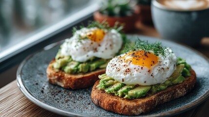 Avocado toast with poached egg, served on ceramic plate near open window, fresh daylight