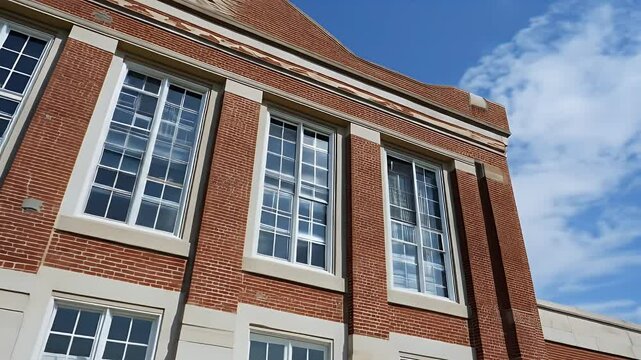 Exterior View of a Red Brick Building with White Windows Under a Partly Cloudy Blue Sky on a Sunny Day