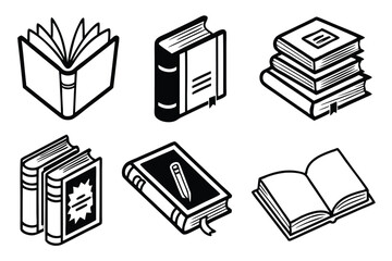 Book Icon Set – Black & White Minimalist Vector Icons of Open, Closed, and Stacked Books