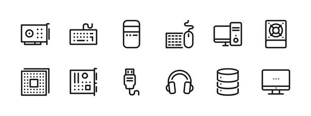 Computer Hardware Line Icon Set Device, Technology, PC Components, Server, and Electronics icon