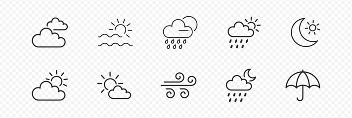 Set of 10 Weather Icons in a Minimalist Style Featuring Clouds, Rain, Sun, Moon, Wind, and an Umbrella Representing Various Forecast Conditions for Meteorology and UI Design